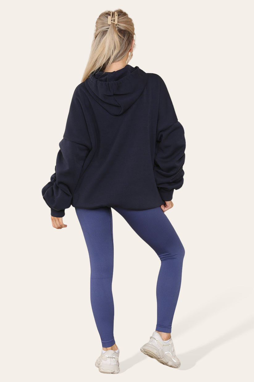 Plus Size Hoodie and Legging Set with Ruched Sleeves and Satin Ribbon, High Waist High Rise Seamless Ribbed Design