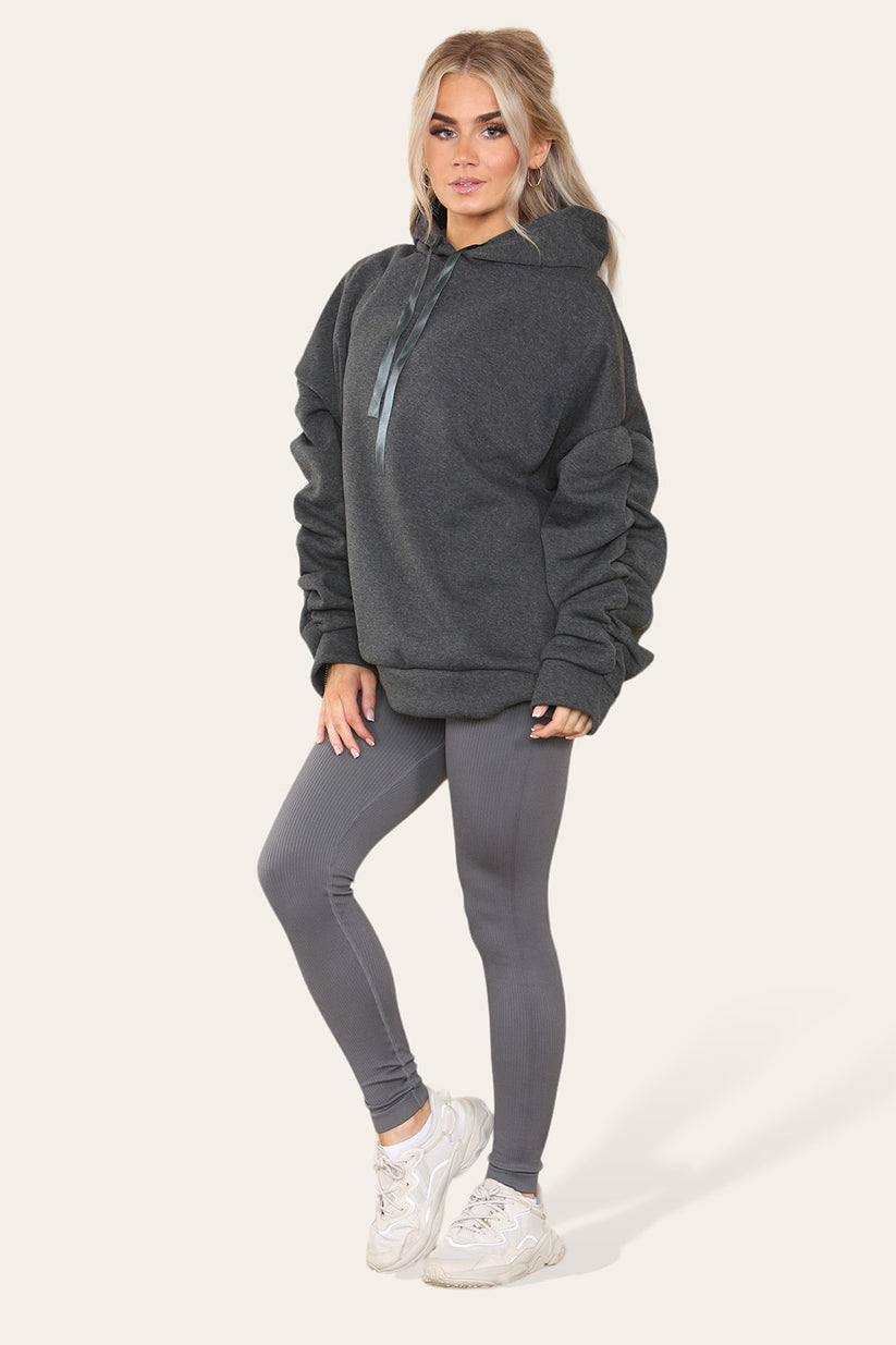 Plus Size Hoodie and Legging Set with Ruched Sleeves and Satin Ribbon, High Waist High Rise Seamless Ribbed Design