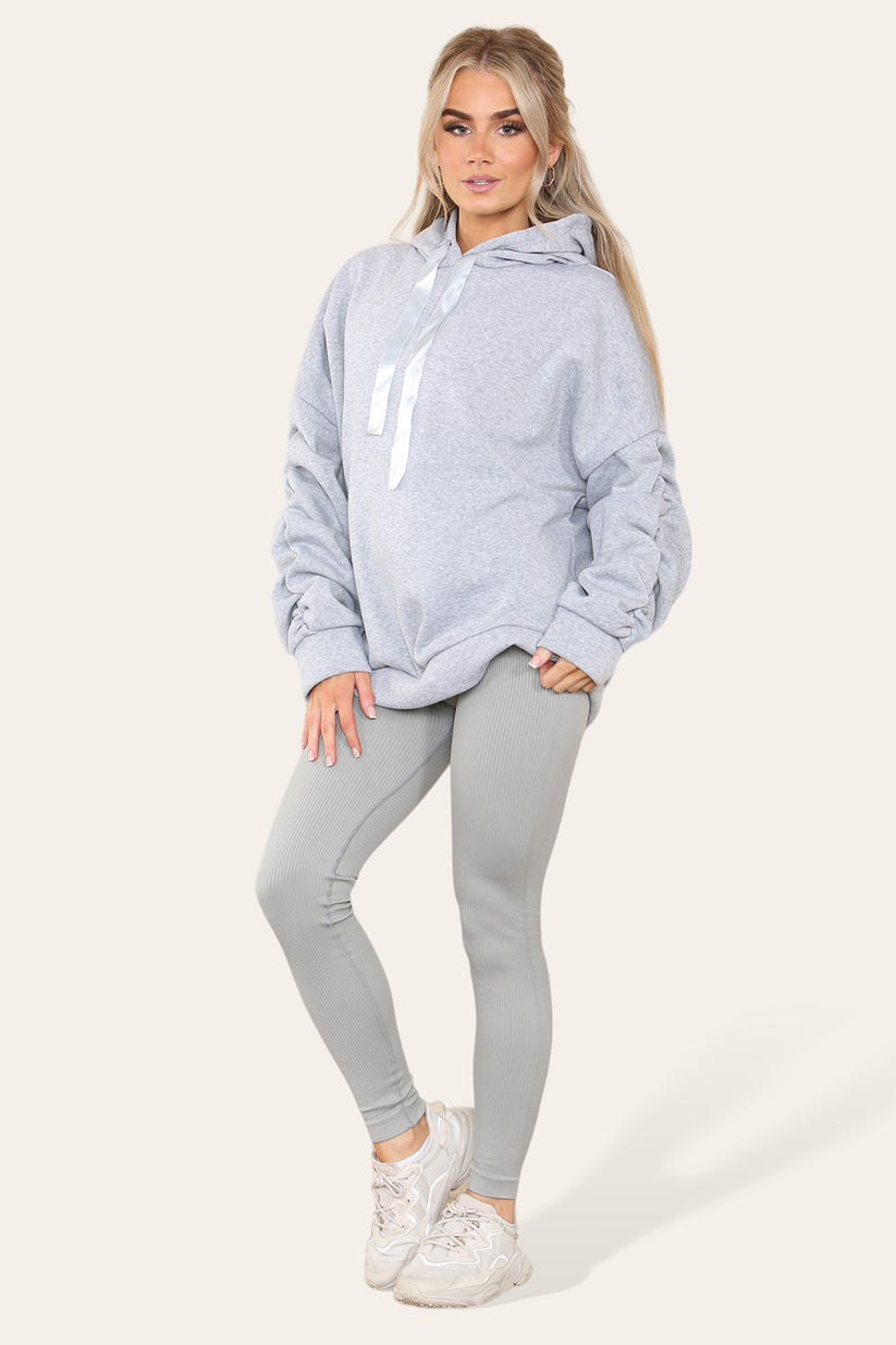 Plus Size Hoodie and Legging Set with Ruched Sleeves and Satin Ribbon, High Waist High Rise Seamless Ribbed Design