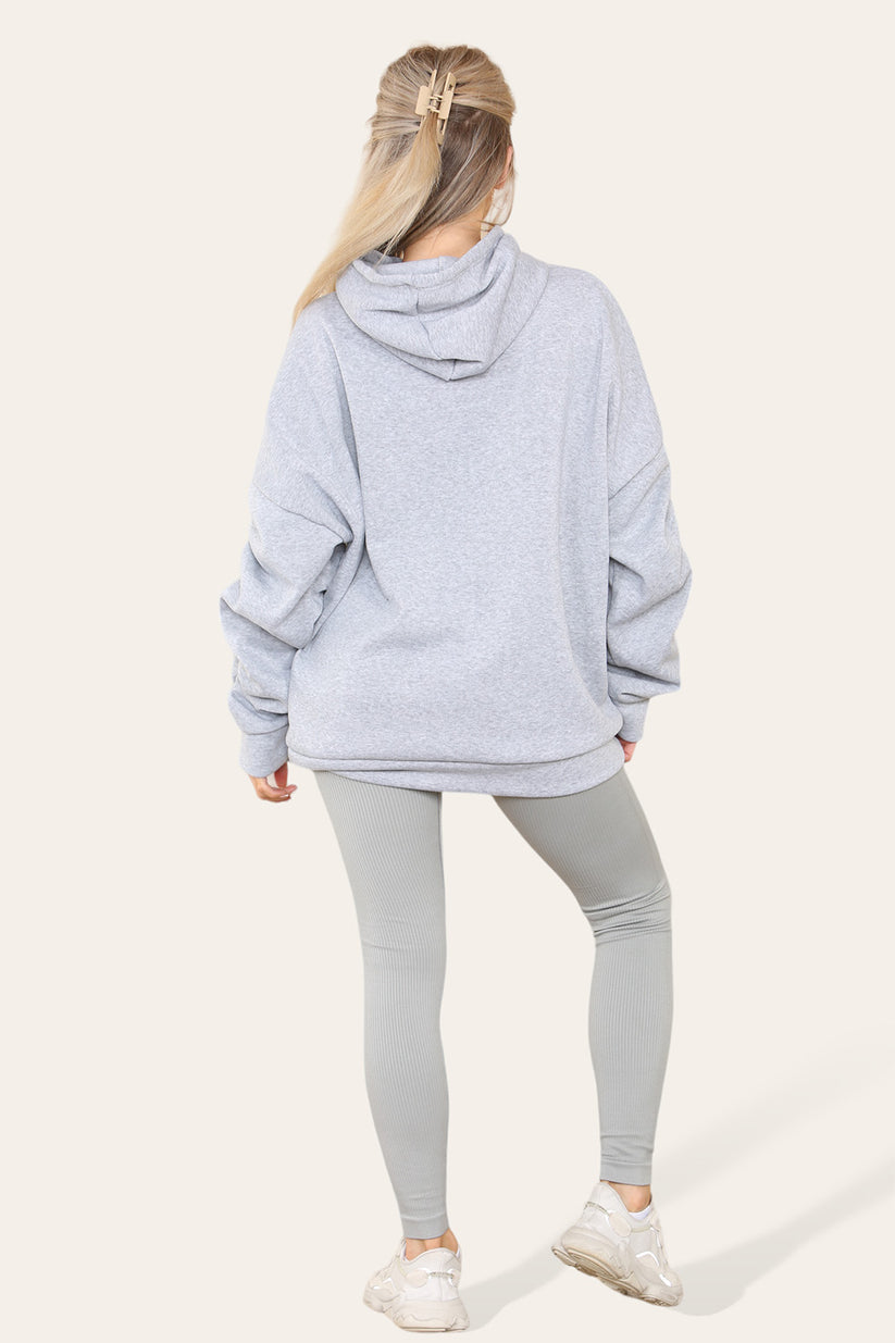 Plus Size Hoodie and Legging Set with Ruched Sleeves and Satin Ribbon, High Waist High Rise Seamless Ribbed Design