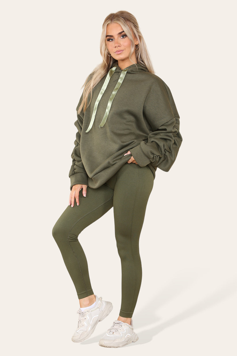 Plus Size Hoodie and Legging Set with Ruched Sleeves and Satin Ribbon, High Waist High Rise Seamless Ribbed Design