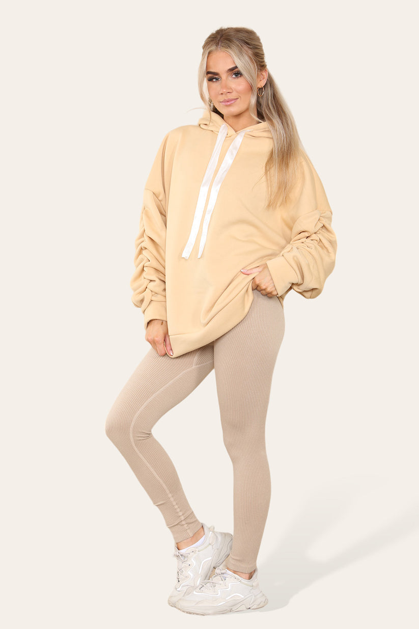Plus Size Hoodie and Legging Set with Ruched Sleeves and Satin Ribbon, High Waist High Rise Seamless Ribbed Design