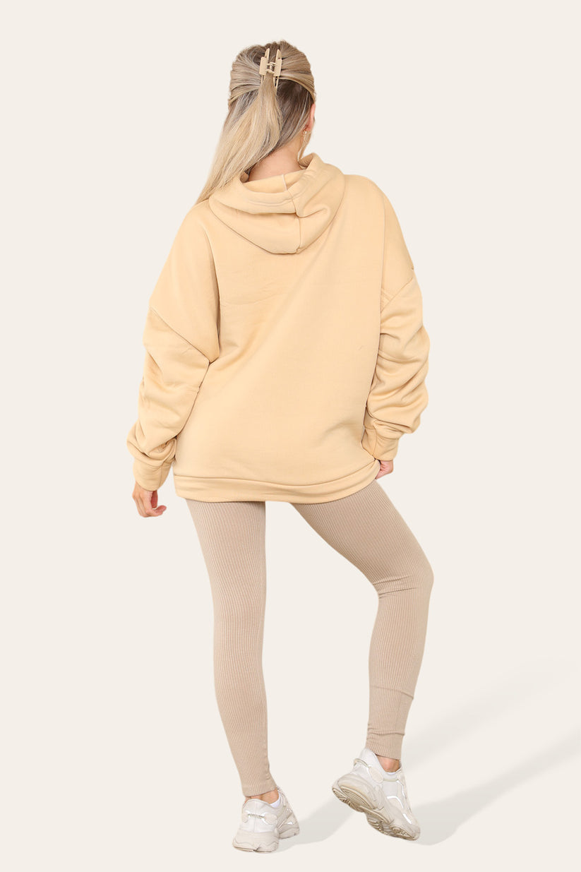 Plus Size Hoodie and Legging Set with Ruched Sleeves and Satin Ribbon, High Waist High Rise Seamless Ribbed Design