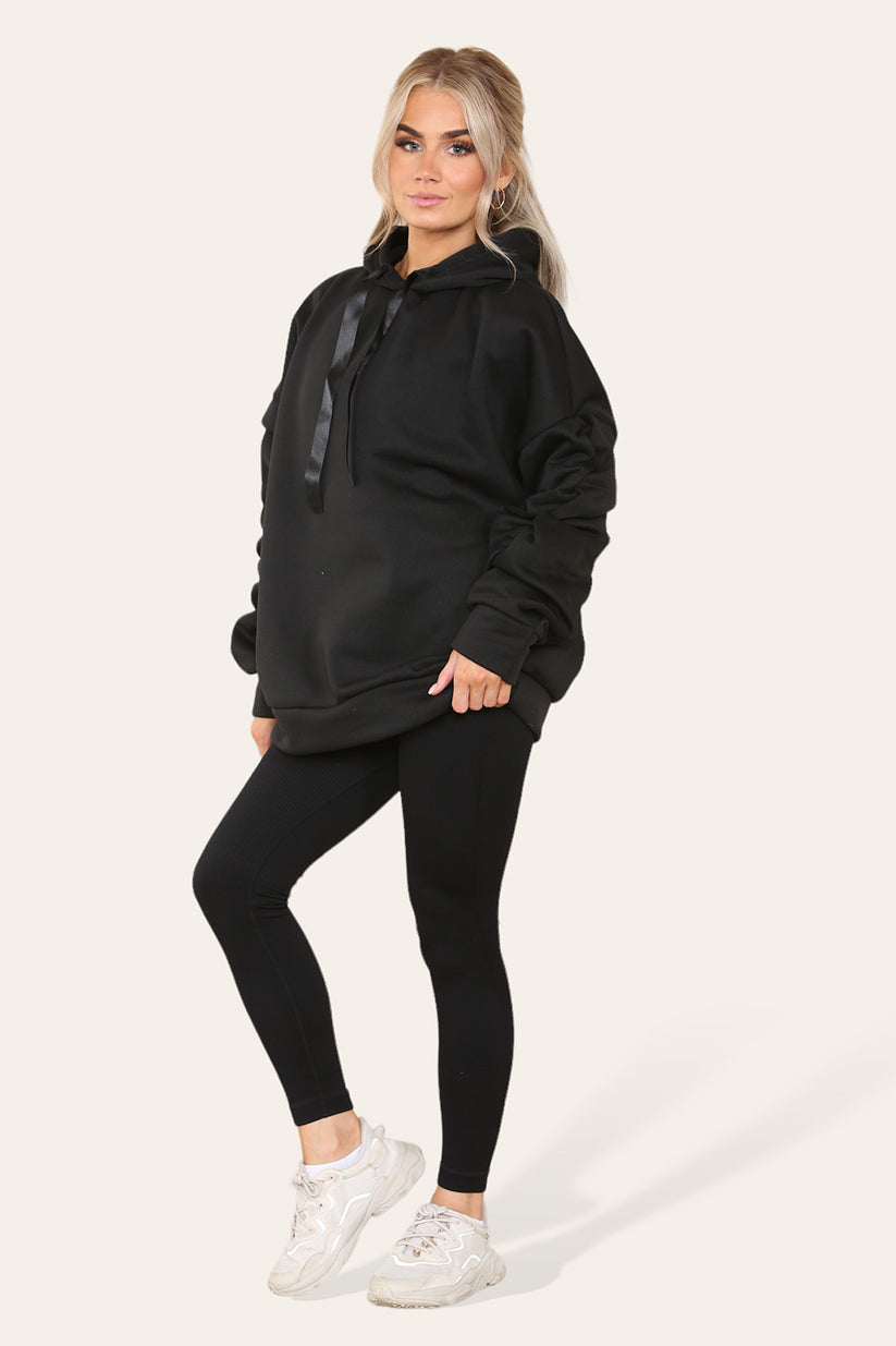 Plus Size Hoodie and Legging Set with Ruched Sleeves and Satin Ribbon, High Waist High Rise Seamless Ribbed Design