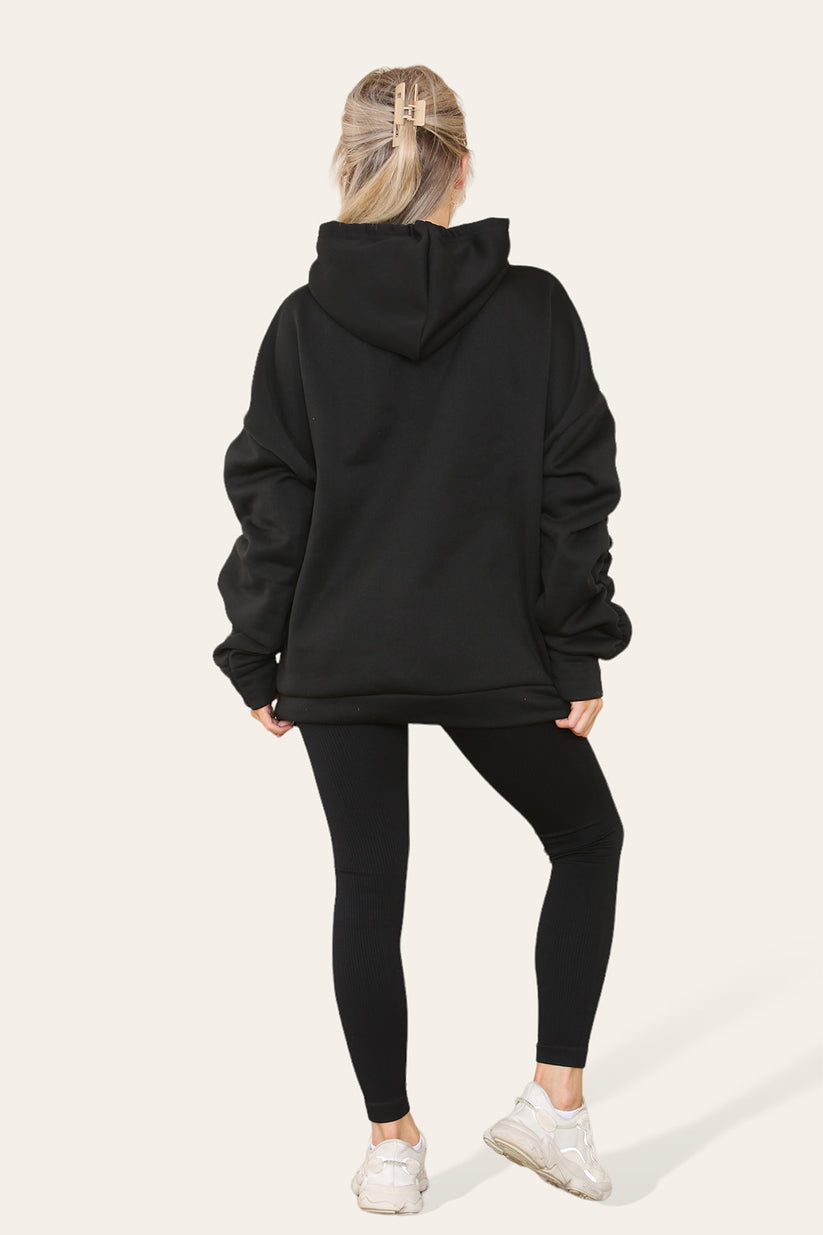 Plus Size Hoodie and Legging Set with Ruched Sleeves and Satin Ribbon, High Waist High Rise Seamless Ribbed Design
