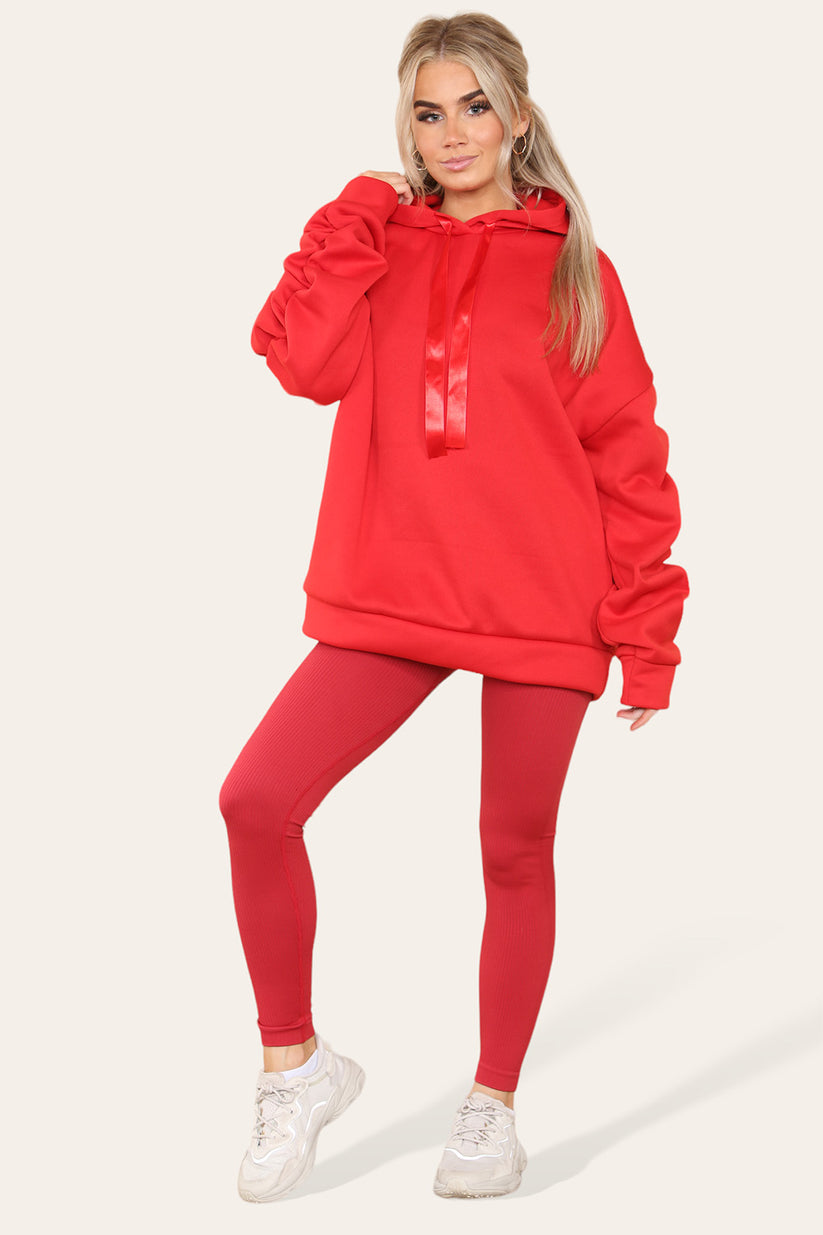 Plus Size Hoodie and Legging Set with Ruched Sleeves and Satin Ribbon, High Waist High Rise Seamless Ribbed Design
