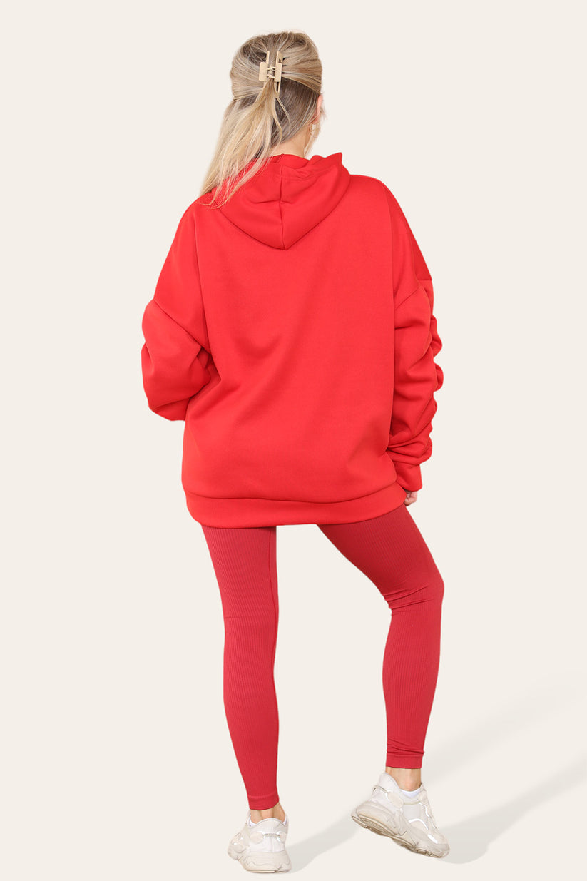 Plus Size Hoodie and Legging Set with Ruched Sleeves and Satin Ribbon, High Waist High Rise Seamless Ribbed Design