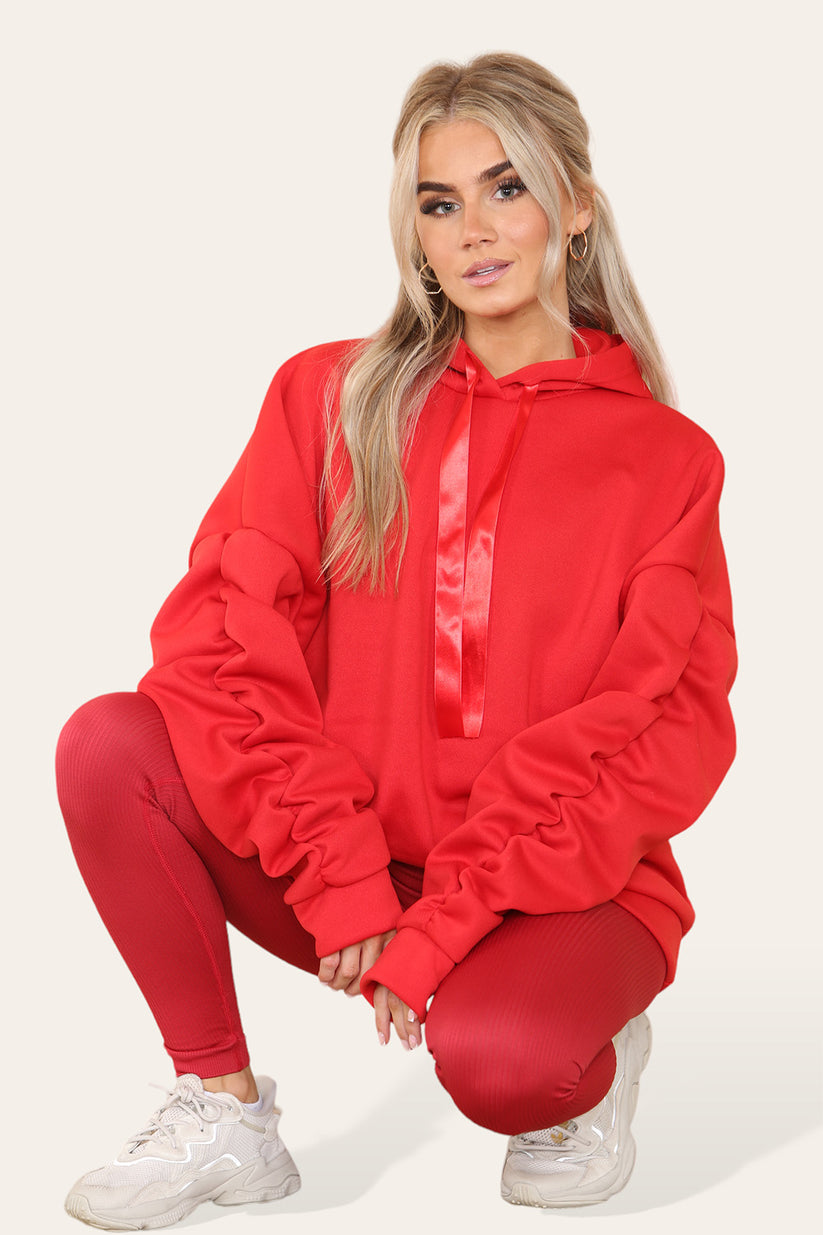 Plus Size Hoodie and Legging Set with Ruched Sleeves and Satin Ribbon, High Waist High Rise Seamless Ribbed Design