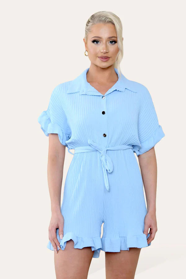 Pleated Ruffle Playsuit with Frill Hems - Short Playsuit for Chic Style