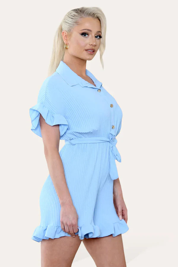 Pleated Ruffle Playsuit with Frill Hems - Short Playsuit for Chic Style