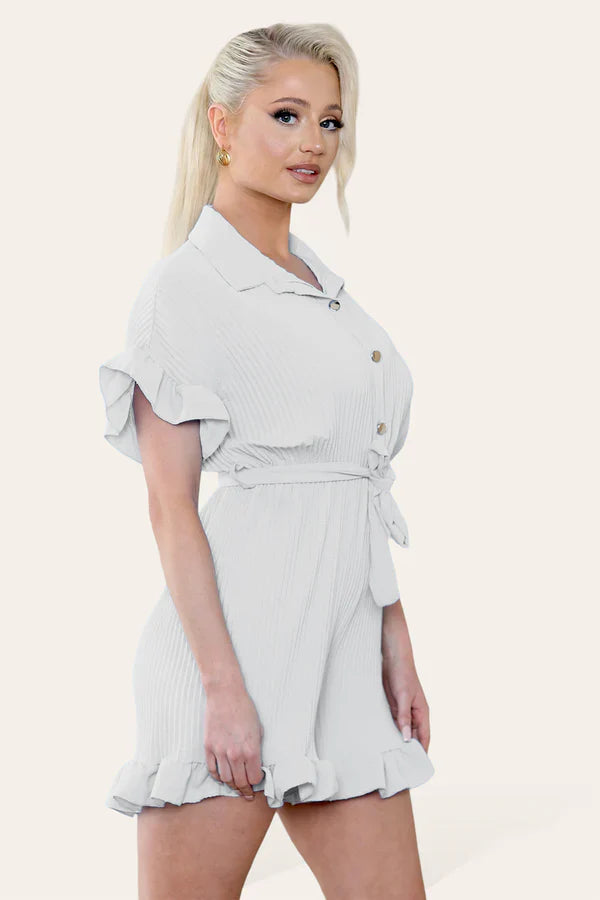 Pleated Ruffle Playsuit with Frill Hems - Short Playsuit for Chic Style