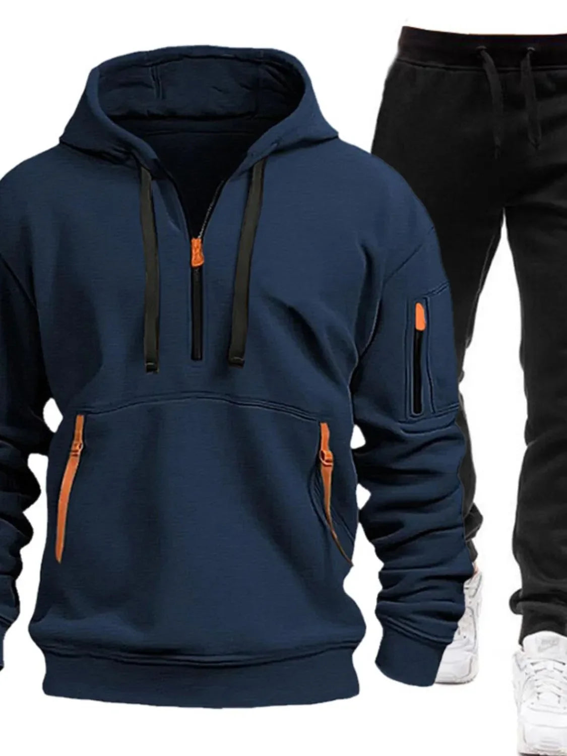 Men's Full Size Drawstring Half Zip Hoodie and Pants Set Plus Size