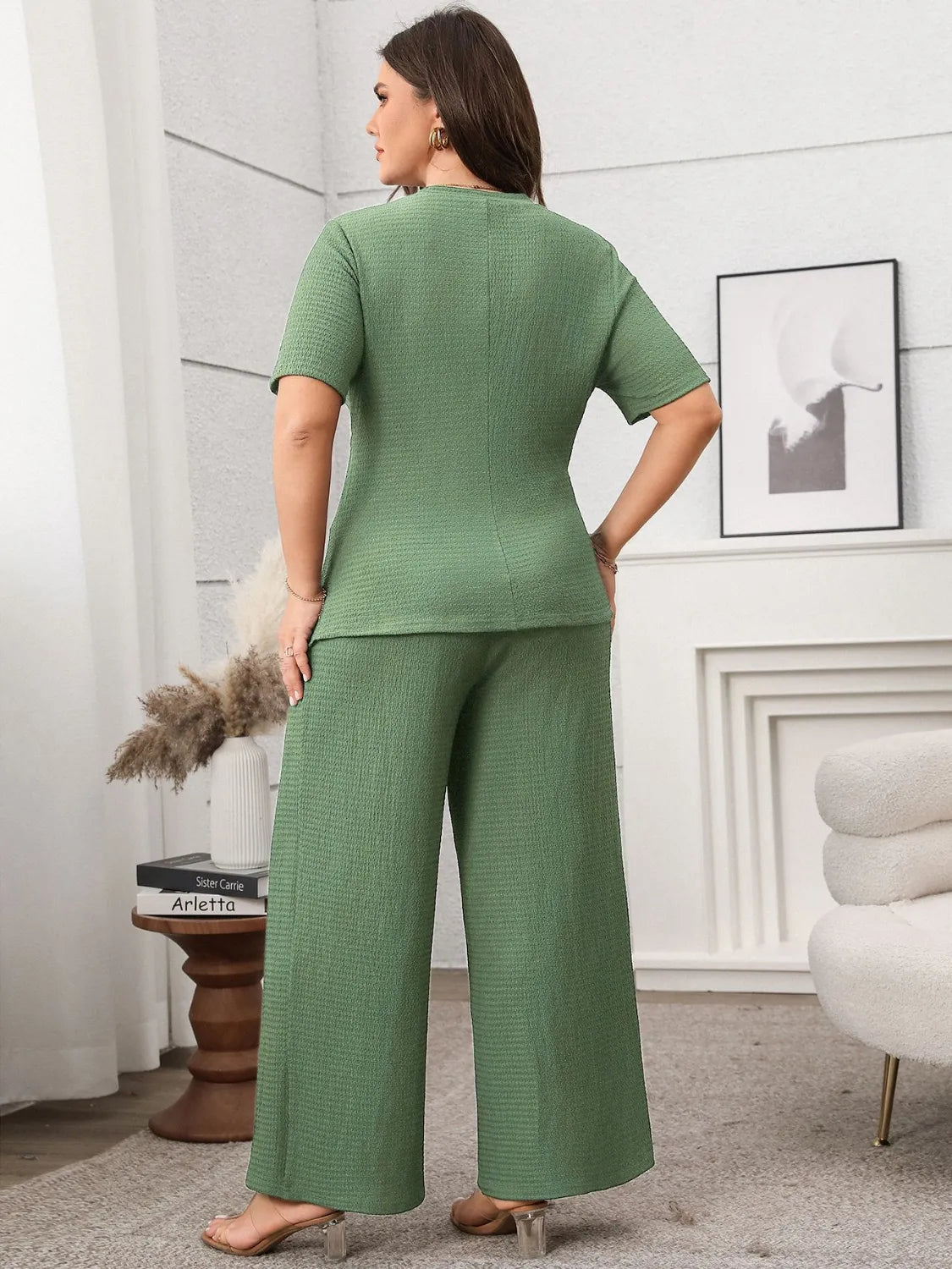 Women's Set Plus Size Asymmetrical Round Neck Short Sleeve Top and Pants Set