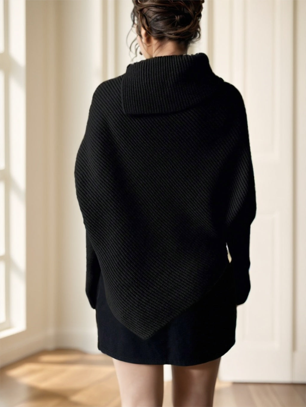 Womens Turtleneck Sweater-Black Asymmetrical Turtleneck Sweater – Elegant Knit Pullover