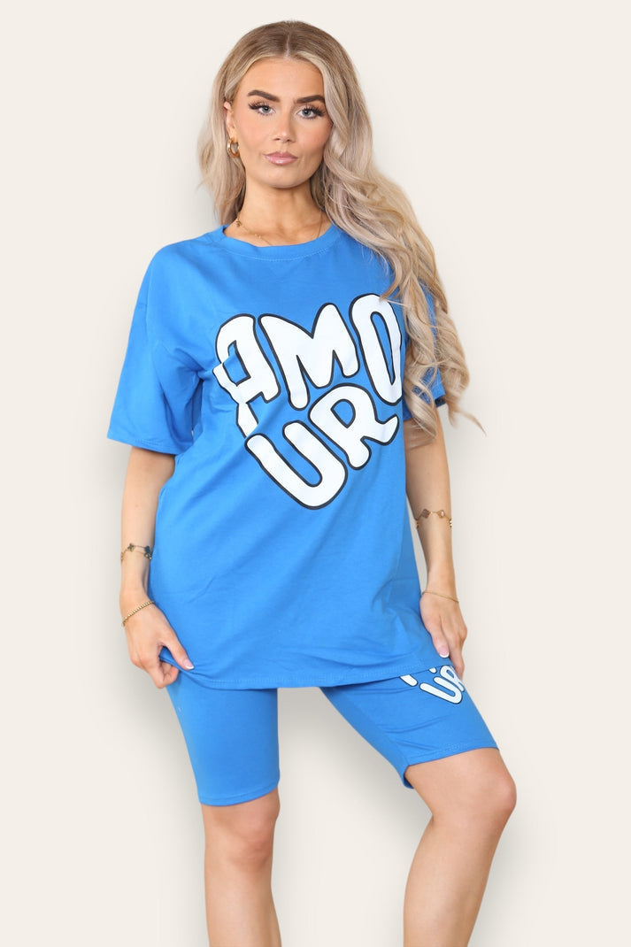 Women's Cycling Short and T-Shirt Set -Two Piece with Side Slit and Front Printed Slogan