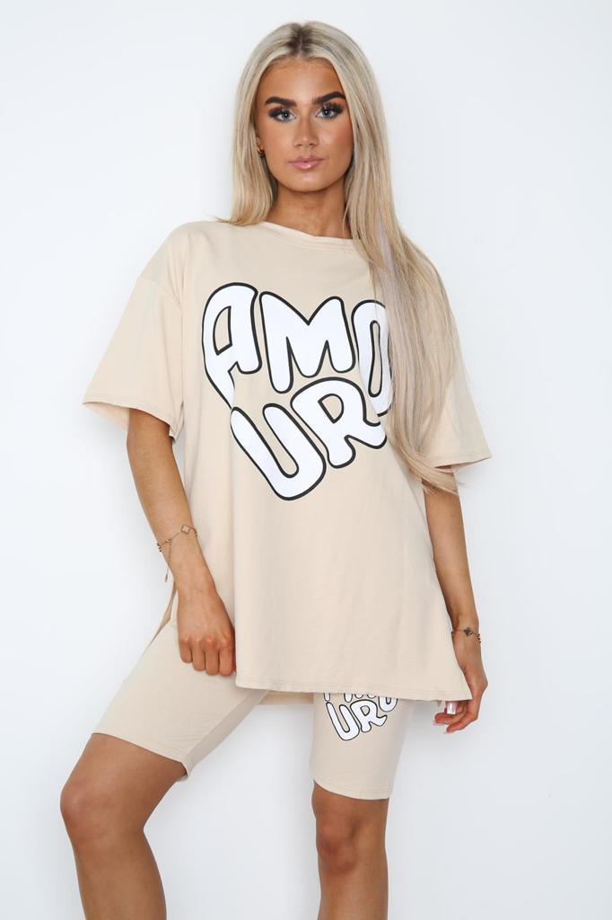 Women's Cycling Short and T-Shirt Set -Two Piece with Side Slit and Front Printed Slogan