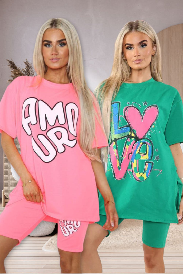 Women's Cycling Short and T-Shirt Set -Two Piece with Side Slit and Front Printed Slogan