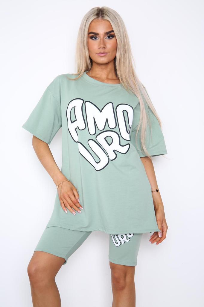Women's Cycling Short and T-Shirt Set -Two Piece with Side Slit and Front Printed Slogan