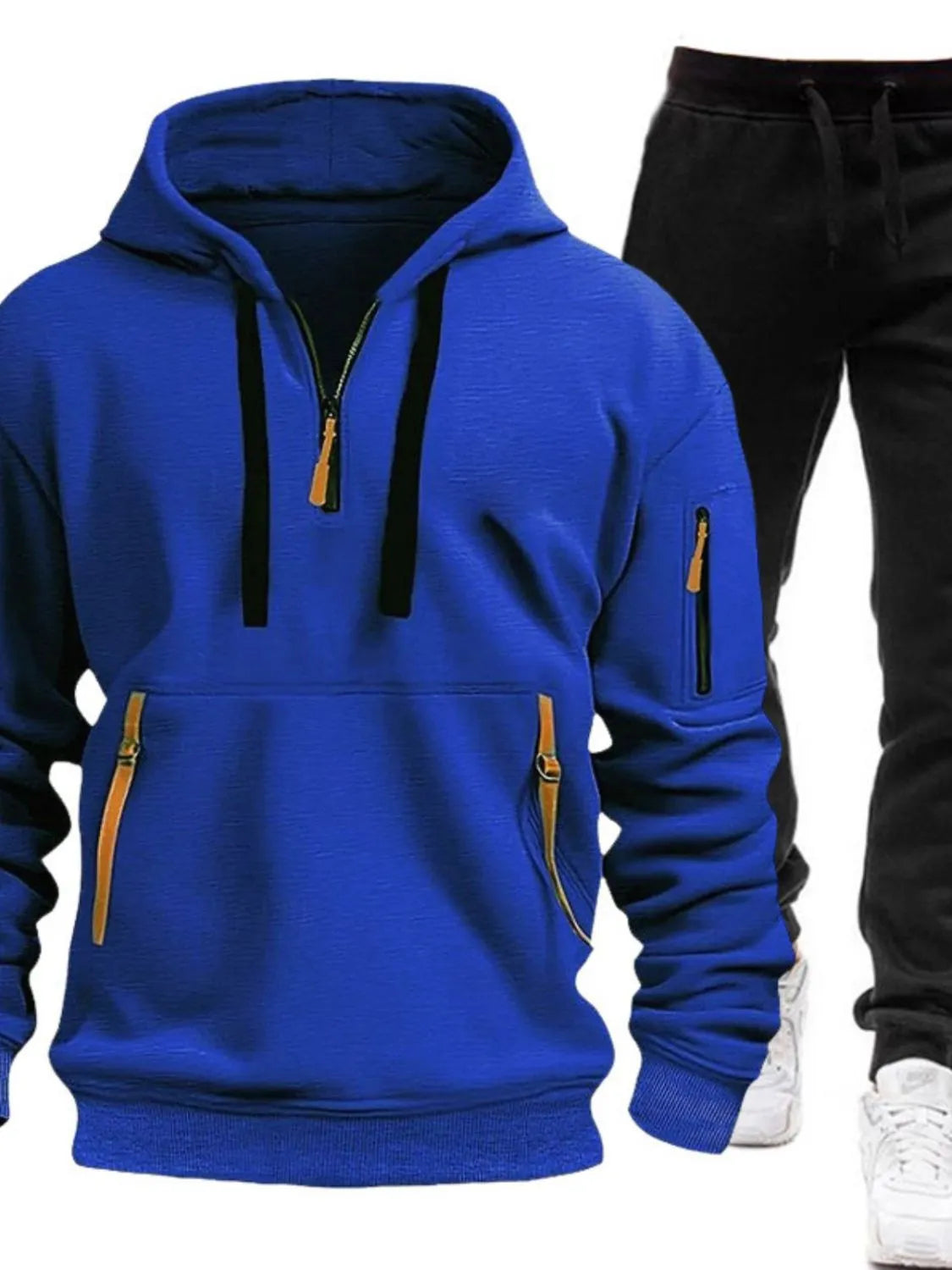 Men's Full Size Drawstring Half Zip Hoodie and Pants Set Plus Size