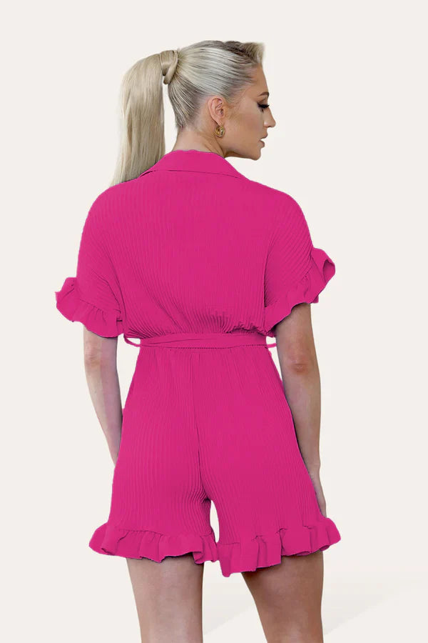 Pleated Ruffle Playsuit with Frill Hems - Short Playsuit for Chic Style