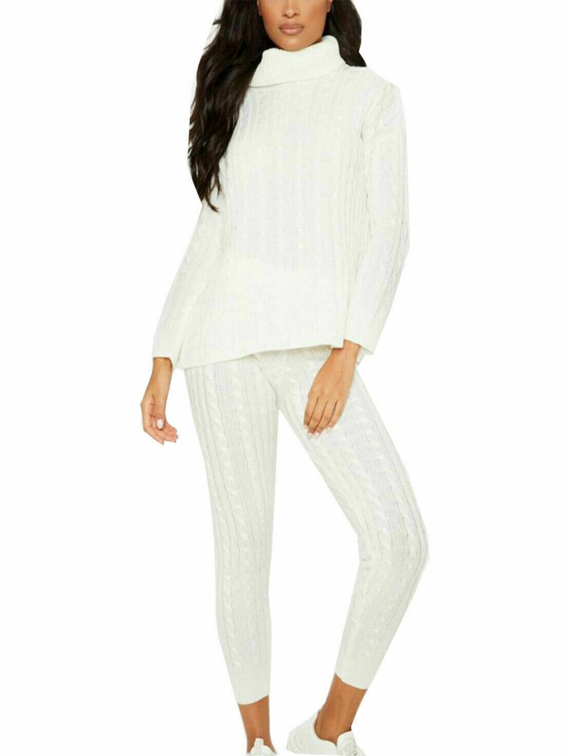 Ladies Knitted Loungewear Set - Chunky Ribbed Polo High Neck Top and Leggings Suit