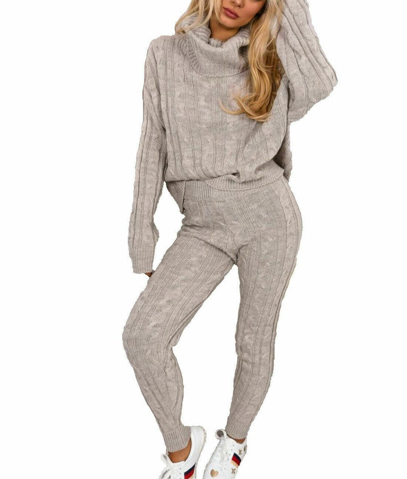 Ladies Knitted Loungewear Set - Chunky Ribbed Polo High Neck Top and Leggings Suit