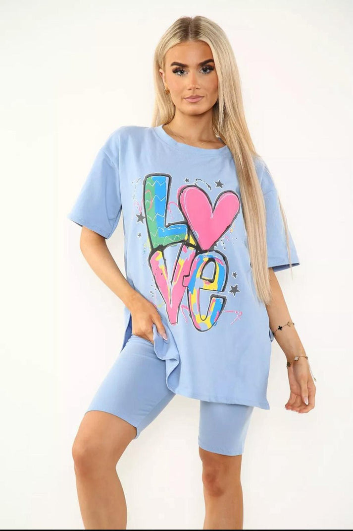Women's Cycling Short and T-Shirt Set -Two Piece with Side Slit and Front Printed Slogan