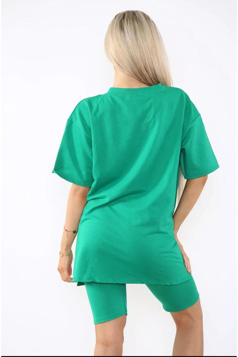 Women's Cycling Short and T-Shirt Set -Two Piece with Side Slit and Front Printed Slogan