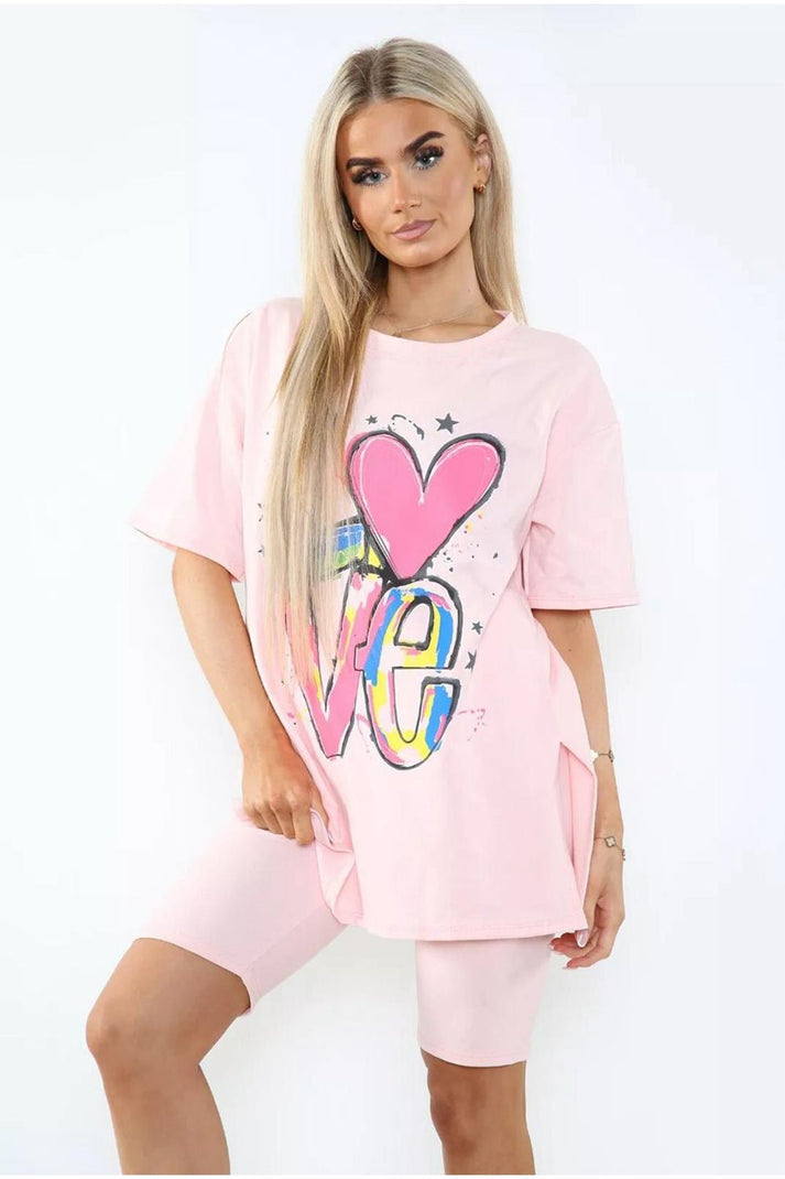 Women's Cycling Short and T-Shirt Set -Two Piece with Side Slit and Front Printed Slogan