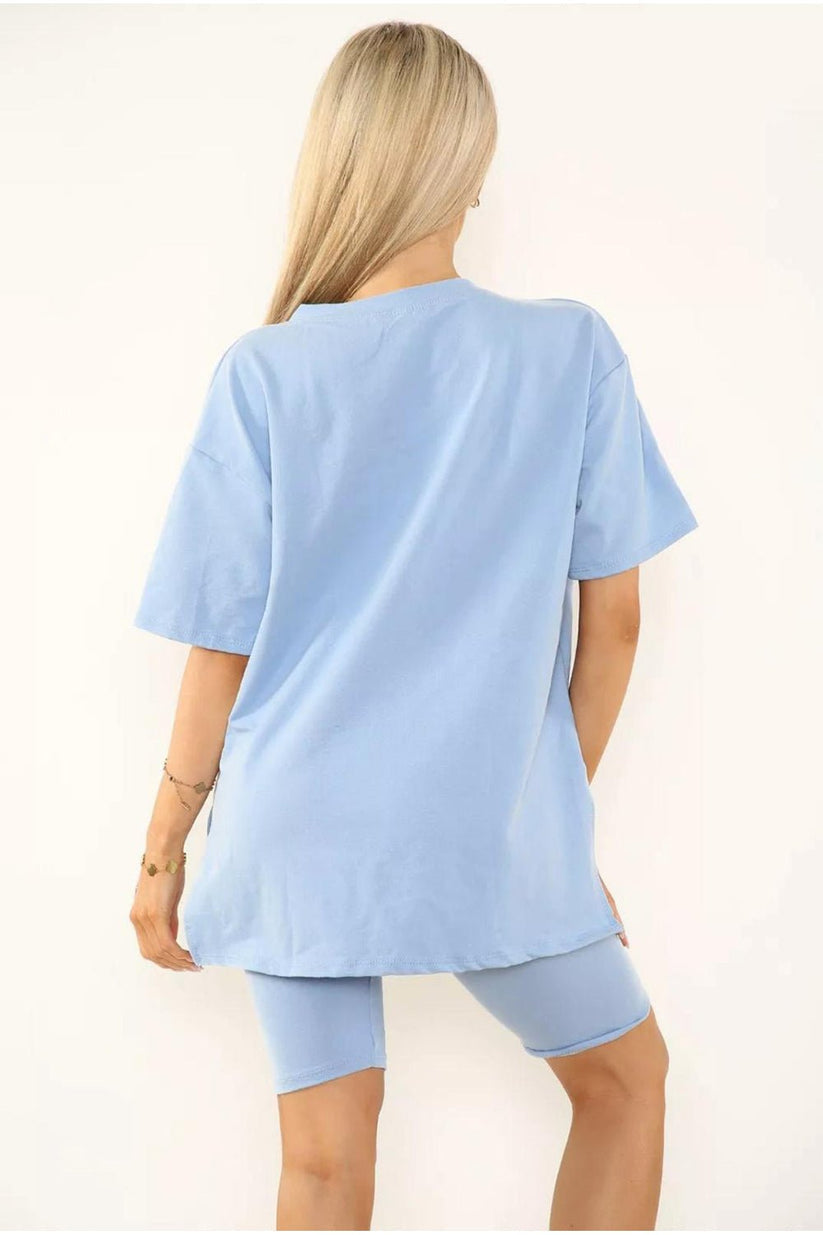 Women's Cycling Short and T-Shirt Set -Two Piece with Side Slit and Front Printed Slogan