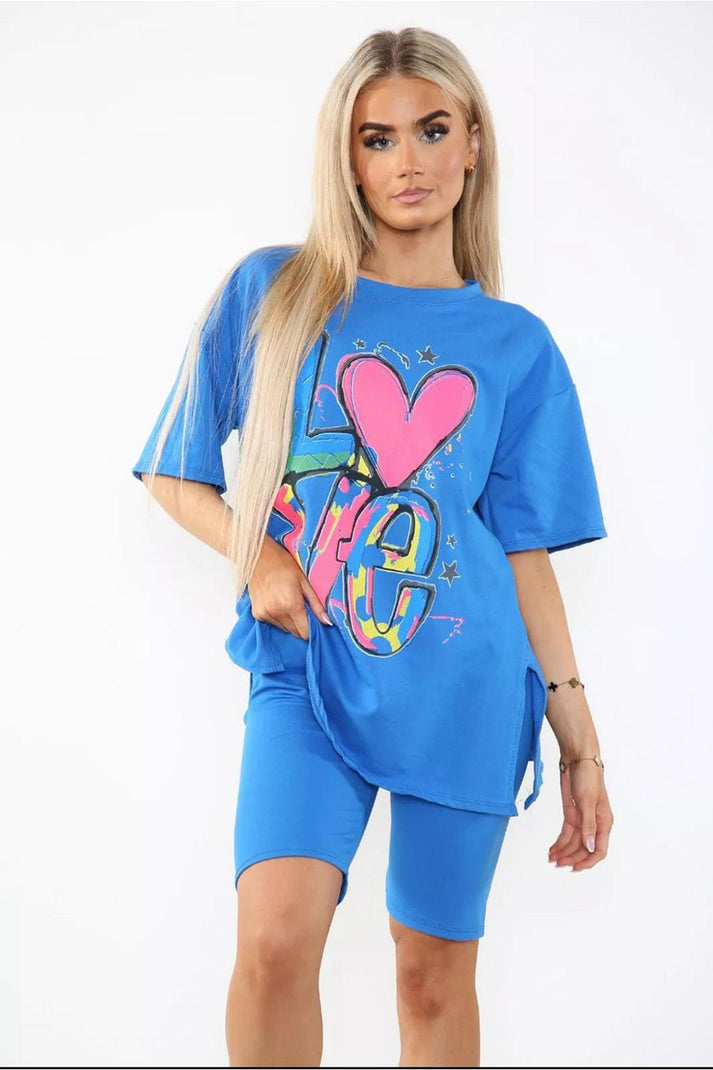 Women's Cycling Short and T-Shirt Set -Two Piece with Side Slit and Front Printed Slogan