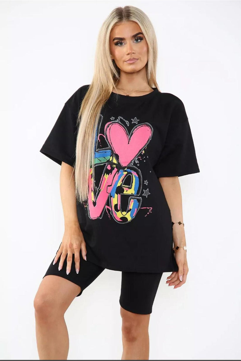 Women's Cycling Short and T-Shirt Set -Two Piece with Side Slit and Front Printed Slogan