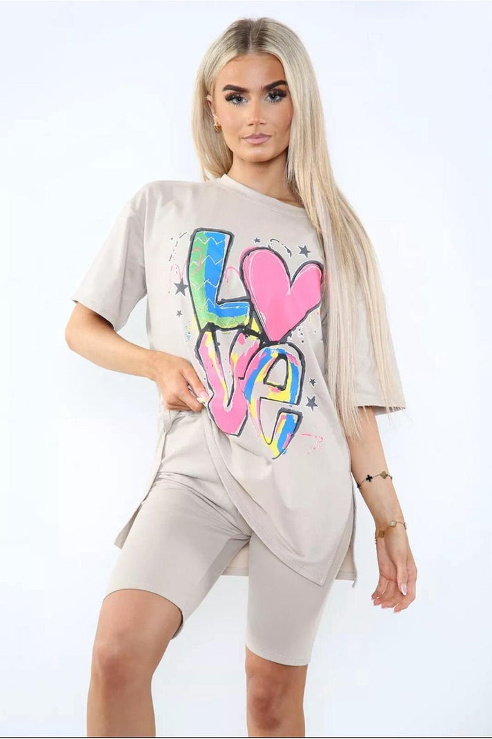 Women's Cycling Short and T-Shirt Set -Two Piece with Side Slit and Front Printed Slogan