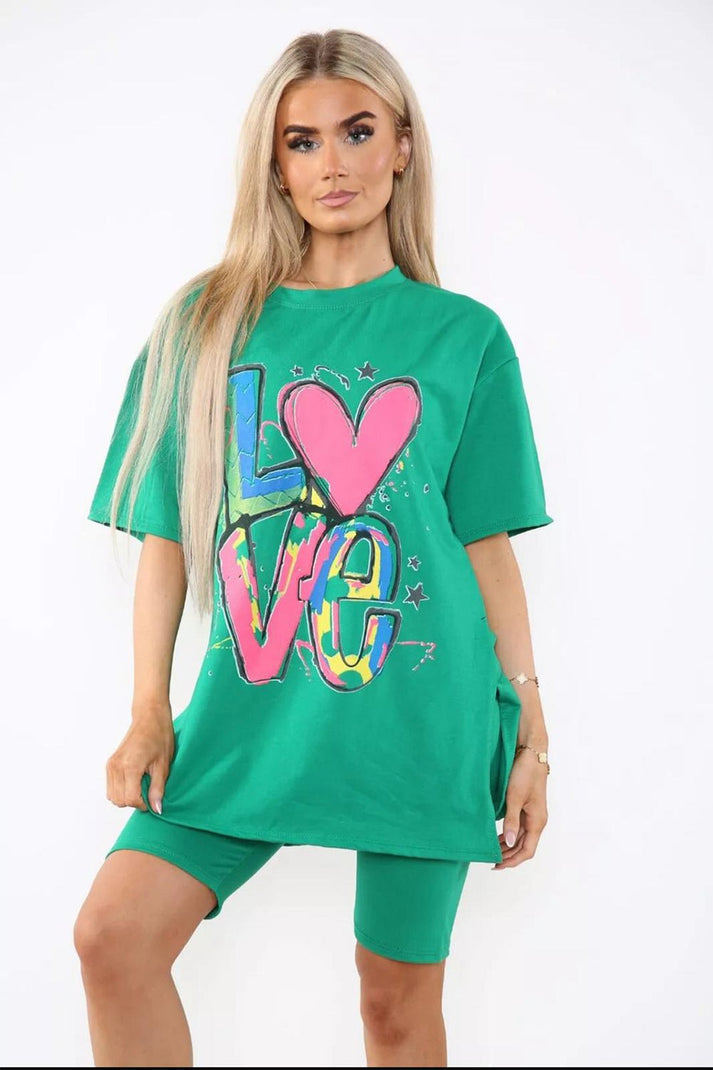 Women's Cycling Short and T-Shirt Set -Two Piece with Side Slit and Front Printed Slogan