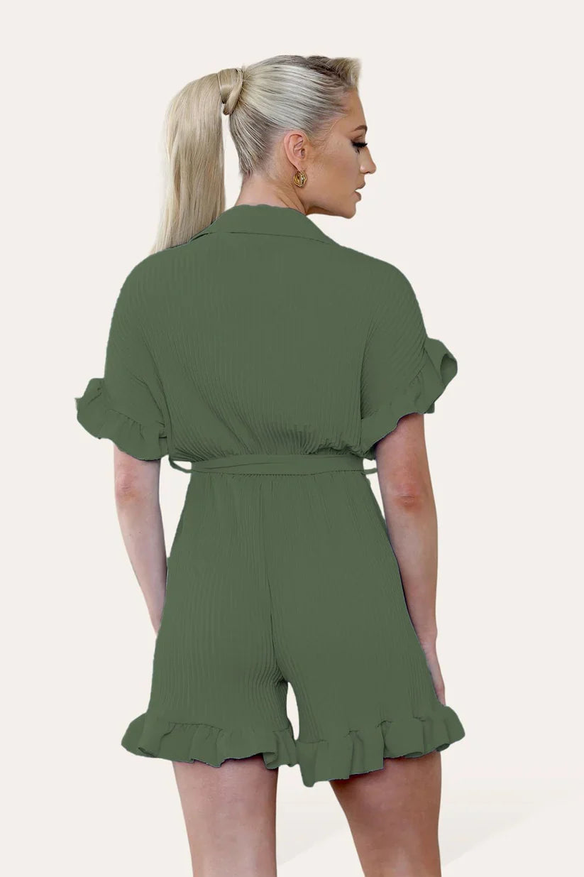 Pleated Ruffle Playsuit with Frill Hems - Short Playsuit for Chic Style