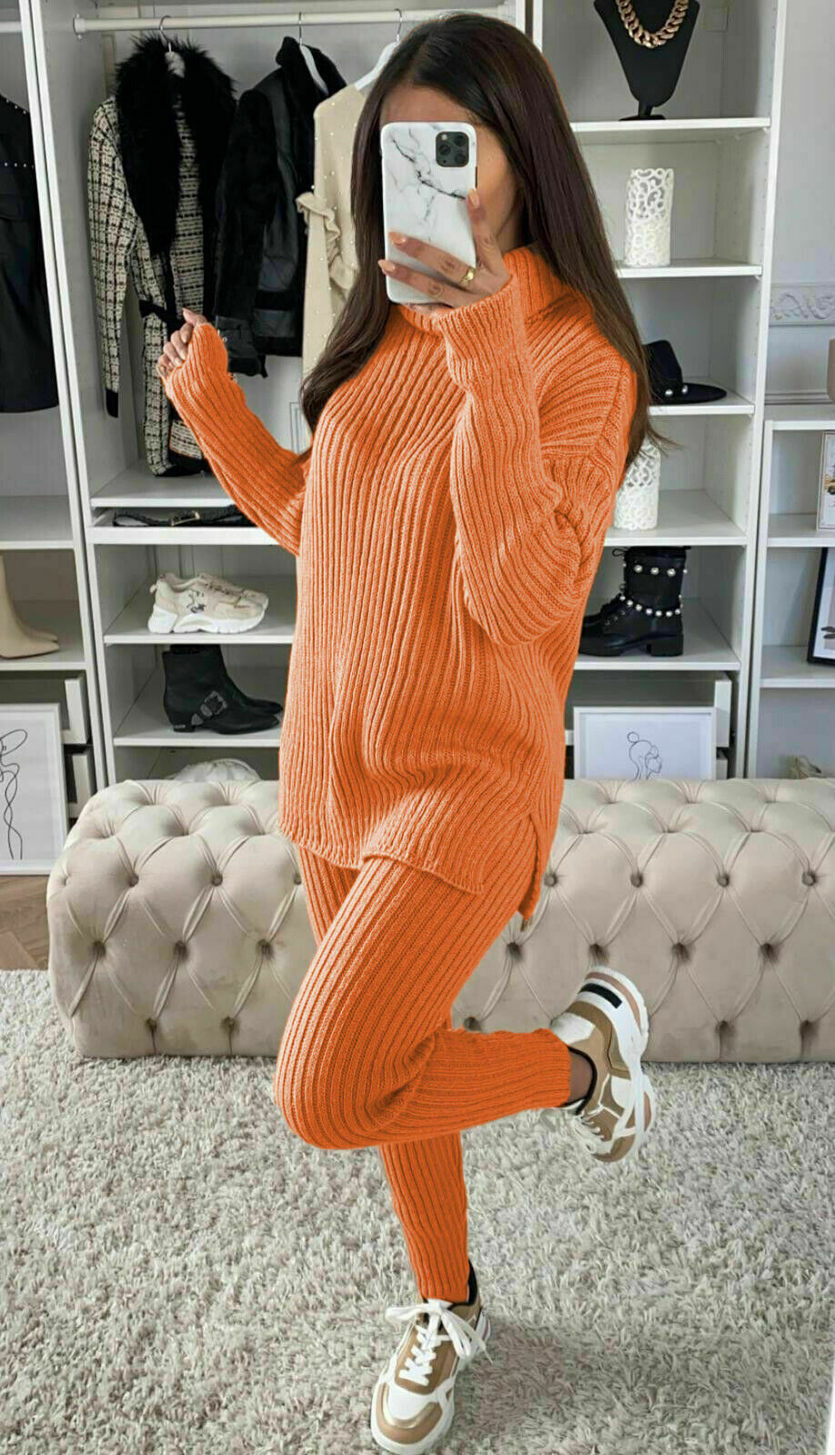Ladies Chunky Knitted Loungewear Set with Ribbed Polo High Neck Top and Leggings