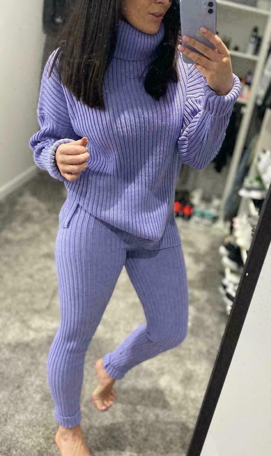 Ladies Chunky Knitted Loungewear Set with Ribbed Polo High Neck Top and Leggings