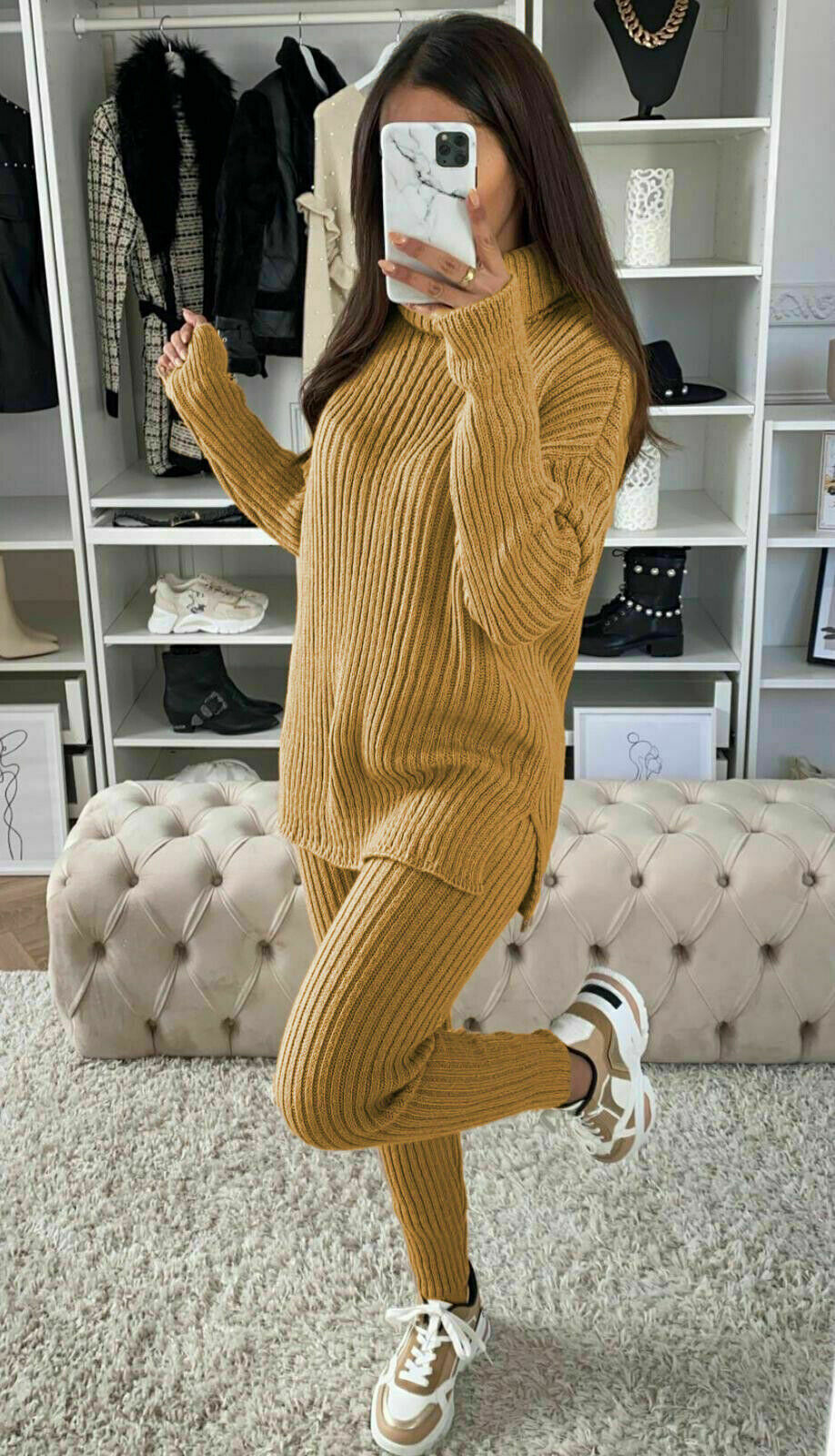 Ladies Chunky Knitted Loungewear Set with Ribbed Polo High Neck Top and Leggings