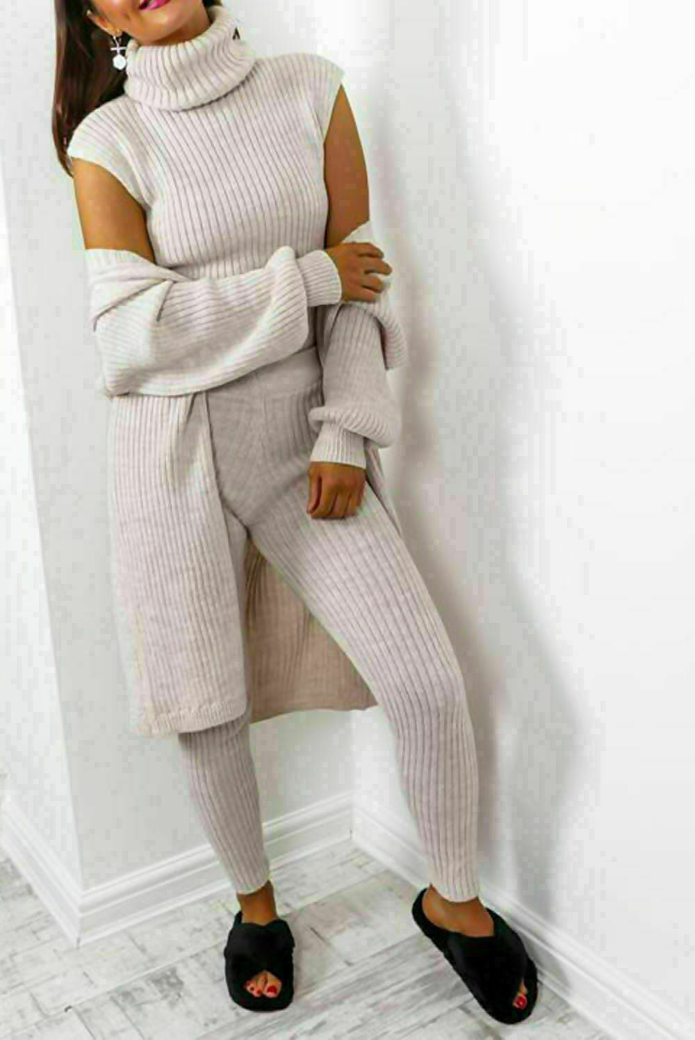 Ladies Knitted Tracksuit Set - 3 Piece Roll Neck Chunky Knitted Ribbed Lounge Set