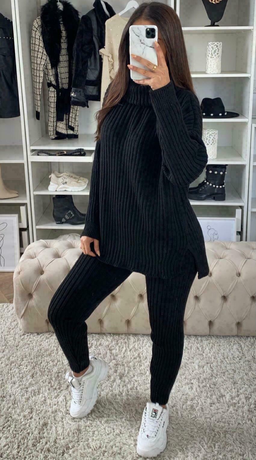 Ladies Chunky Knitted Loungewear Set with Ribbed Polo High Neck Top and Leggings