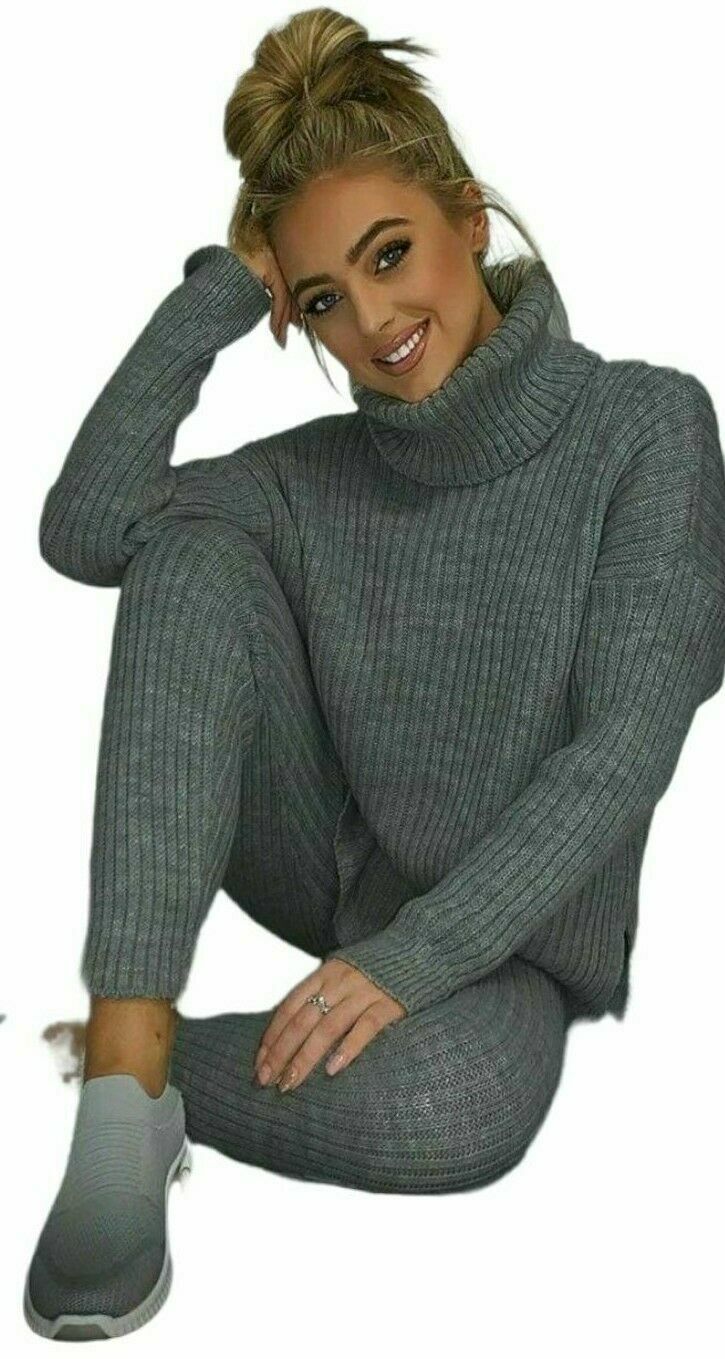 Ladies Knitted Loungewear Set - Chunky Ribbed Polo High Neck Top and Leggings Suit