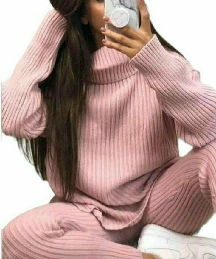 Ladies Knitted Loungewear Set - Chunky Ribbed Polo High Neck Top and Leggings Suit