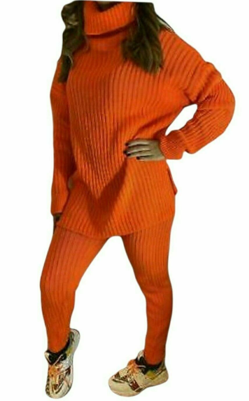 Ladies Knitted Loungewear Set - Chunky Ribbed Polo High Neck Top and Leggings Suit