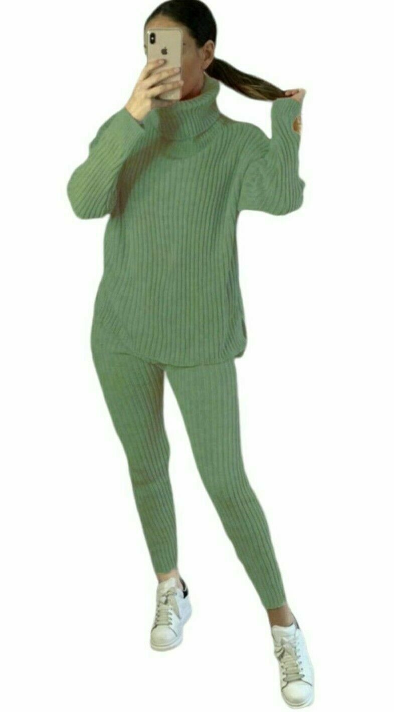 Ladies Knitted Loungewear Set - Chunky Ribbed Polo High Neck Top and Leggings Suit