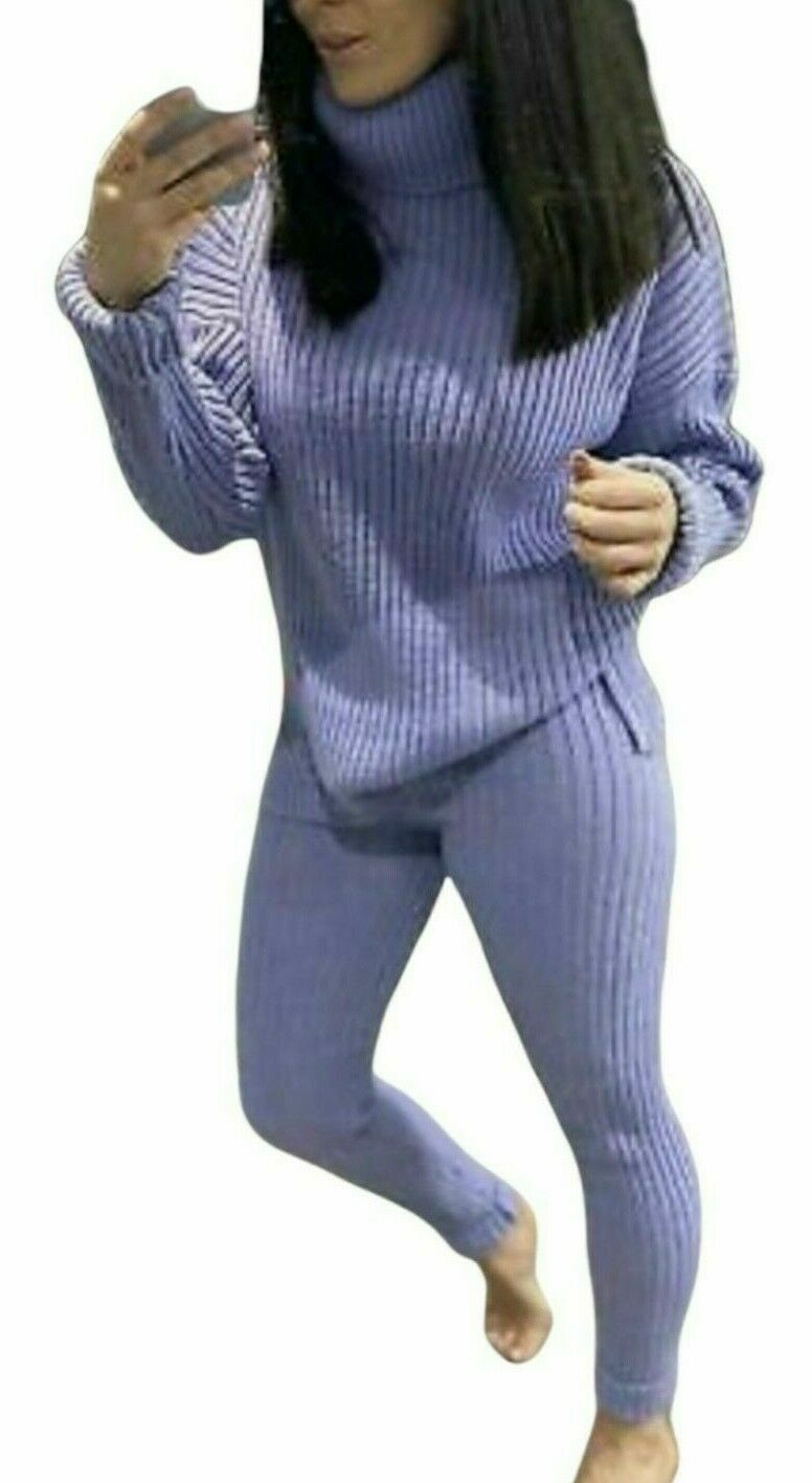 Ladies Knitted Loungewear Set - Chunky Ribbed Polo High Neck Top and Leggings Suit
