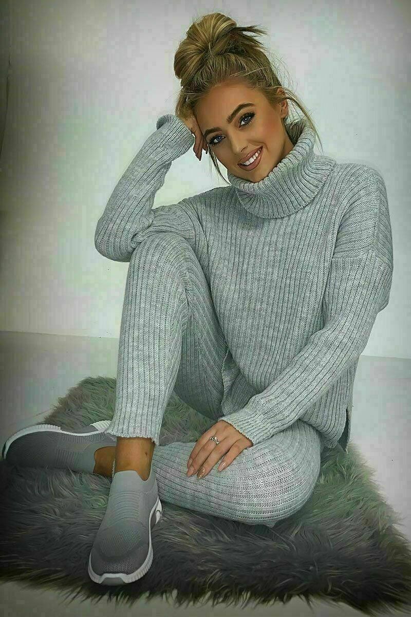 Ladies Chunky Knitted Loungewear Set with Ribbed Polo High Neck Top and Leggings