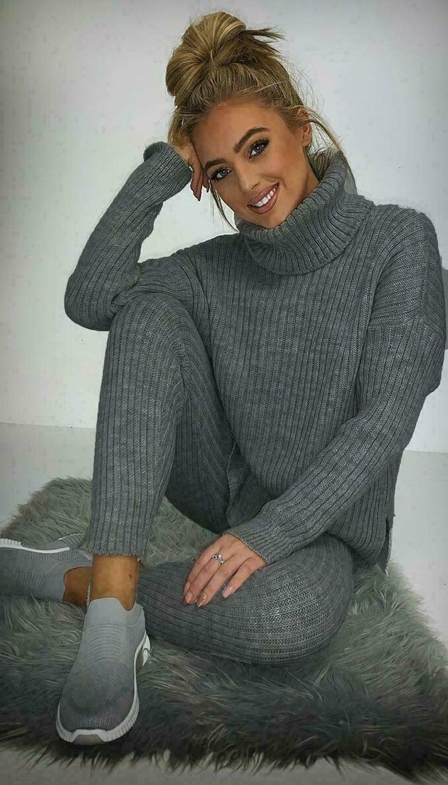 Ladies Chunky Knitted Loungewear Set with Ribbed Polo High Neck Top and Leggings