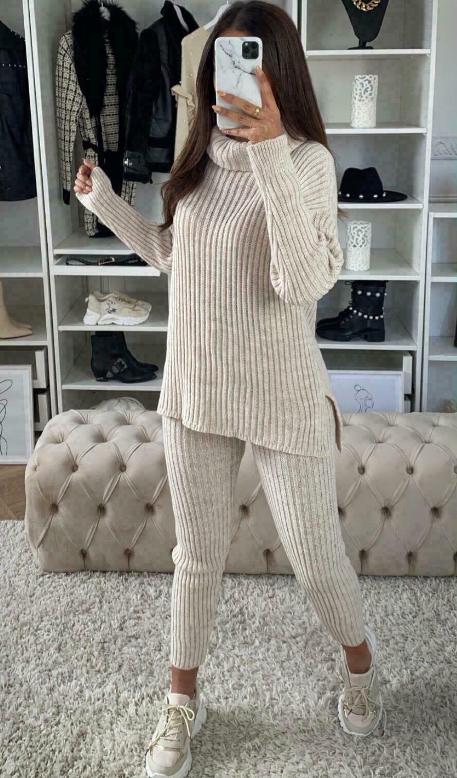 Ladies Chunky Knitted Loungewear Set with Ribbed Polo High Neck Top and Leggings