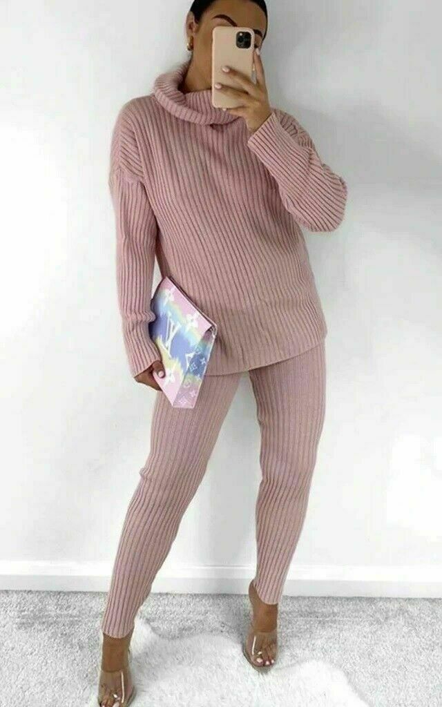 Ladies Chunky Knitted Loungewear Set with Ribbed Polo High Neck Top and Leggings