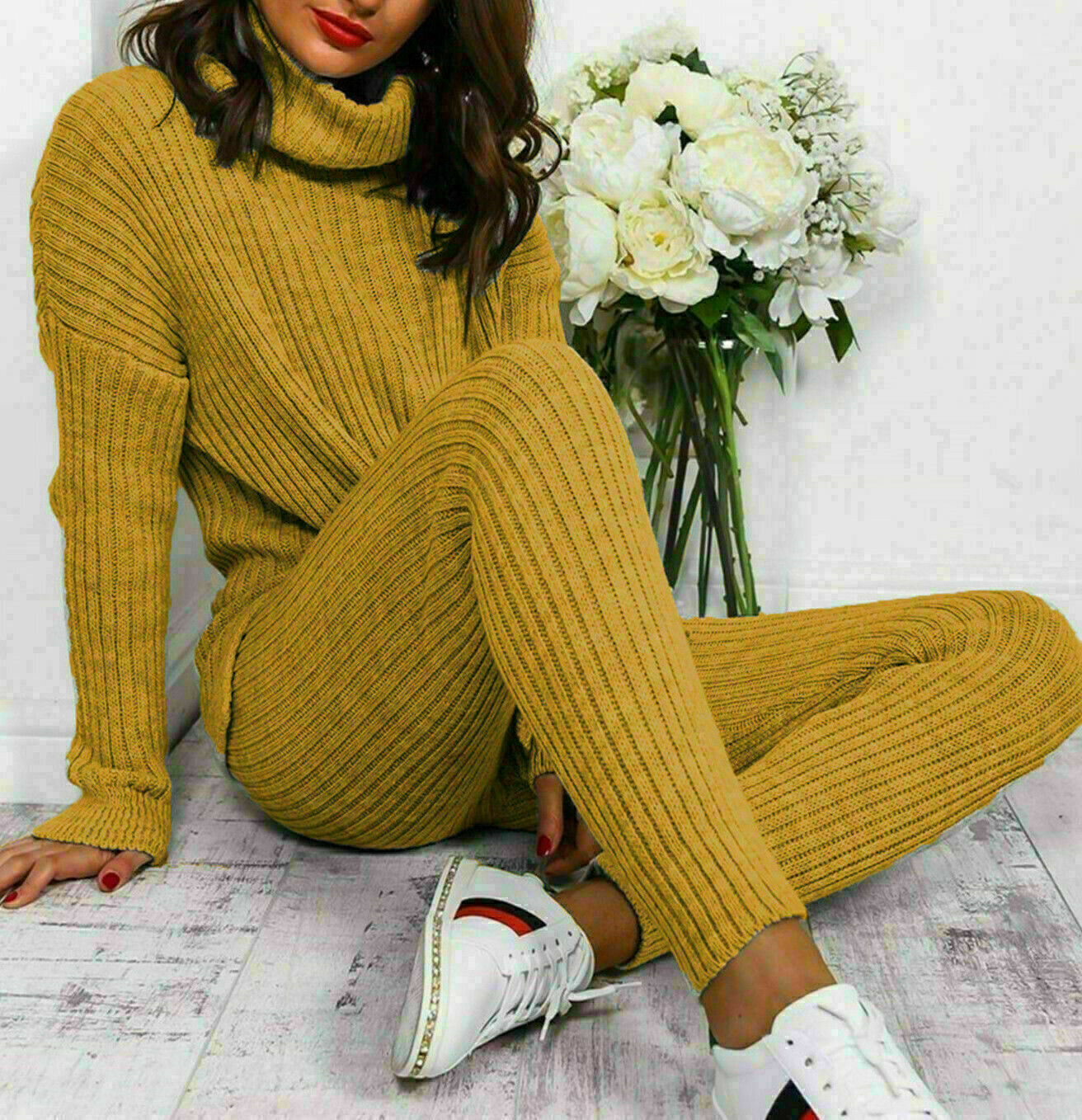 Ladies Chunky Knitted Loungewear Set with Ribbed Polo High Neck Top and Leggings